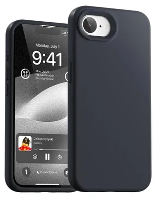 A dark blue phone case is shown next to an iPhone displaying the lock screen.