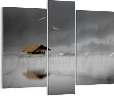 Produktbild von Bild auf Leinwand - Leinwandbild - 3 Teile - Hütte Nebel Sumpf - 95x80cm - Wand Bild - Wanddeko - Wandbilder - Leinwanddruck - Bilder - Wanddekoration - Leinwand bilder - Wandbild - CB95x80-4896