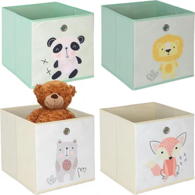 Zdjęcie produktu dla Zestaw 4 pojemników do przechowywania - Przyjazne dla dzieci wzory - Składane - 30x30x30 cm - Kolorowe