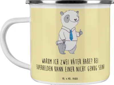 Produktbild von Mr. & Mrs. Panda Emaille Tasse Superhelden Stiefvater - Gelb Pastell - Geschenk, herzerwärmende Sprüche, Weihnachten, Verwandte, emaillebecher, Teetasse, Dankbarkeit