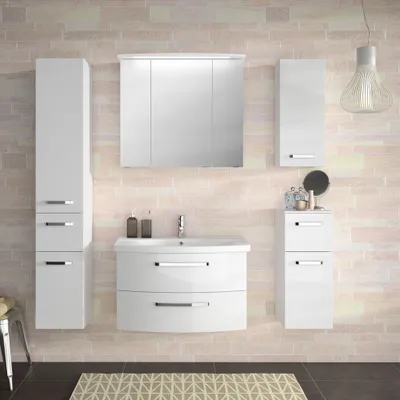 Produktbild von Badezimmer-Set FES-4010-66 mit weißen, hochglänzenden Fronten, Soft-Close und LED 5-tlg. - B/H/T: 174x200x46cm