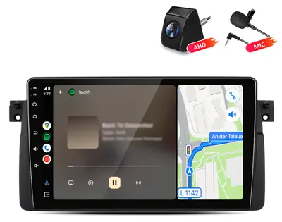 Immagine prodotto di Autoradio 4+64GB con telecamera e microfono, compatibile con BMW Serie 3 (E46) dal 1998 al 2006. Include CarPlay, Android Auto, radio multimediale, navigatore GPS, Wi-Fi, Bluetooth, DAB+, RDS e controllo al volante. Schermo da 9 pollici