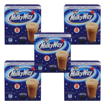 Produktbild von Milky Way Pods Getränkepulver 5er Set, Kakaogetränk, Schokogetränk, Milky Way Riegel, Dolce Gusto kompatibel, Kaffeekapseln, 5 x 8 Kapseln