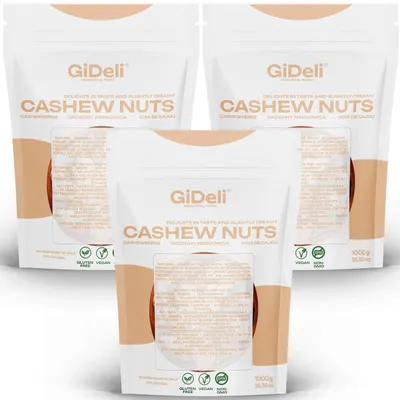 Obrázek produktu pro Kešu ořechy 3 kg, celé, nesolené, v přírodní kvalitě, vhodné pro vegany, bohaté na bílkoviny, značka GiDeli