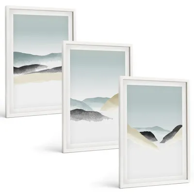 Produktbild von Bilder Set 3-teilig im weißen Rahmen – Wandbilder 3 Stück – gerahmte Poster für Wohnzimmer, Schlafzimmer und Flur – 40x60 cm – Minimalistische Pastellberge