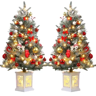 Produktbild von Set bestehend aus 2 Stück – Künstlicher, schneebedeckter Weihnachtsbaum, 90 cm (3.0 Fuß) hoch, dicht belaubt mit Tannenzapfen/Fichtenästen, mit LED-Beleuchtung, mit schneebedeckten Spitzen – Montage mit Scharnieren, Metallständer