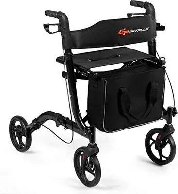 Produktbild von GOPLUS Rollator aus Aluminium, Leichtgewicht - Gehhilfe mit Sitz, Faltbar und H?henverstellbarem Gehwagen für Senioren, mit Doppelten Bremsen, inkl. Breitem Rückengurt und Aufbewahrungstasche