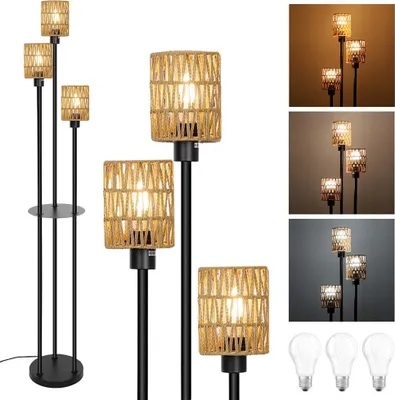 Produktbild von Industrial LED Stehlampe 3-flammige Rattan Stehlampe mit Regal Boho Stehleuchte Wohnzimmer Vintage Leinen Lampenschirm & Fußschalter für Schlafzimmer