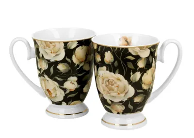 Produktbild von DUO GOLDEN LINE 2er Set Becher mit Fuß 320 ml ENGLISH ROSES BLACK, New Bone China Porzellan