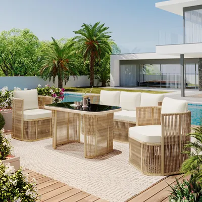 Image de Ensemble de meubles de jardin en rotin PE 5 pièces Merax, canapé 3 places, 2 fauteuils et table en verre, résistant aux UV, avec coussins, structure en acier pour terrasse et balcon, beige