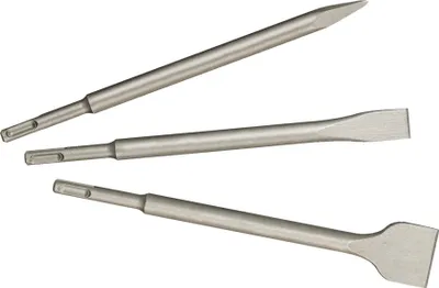 Three metal chisels with SDS-plus shanks are arranged diagonally on a white background.