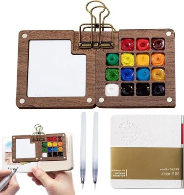 Immagine prodotto di Palette portatile per artisti con 15 scomparti, ideale per viaggi e per chi ama disegnare all'aperto. Realizzata in legno, questa mini palette per acquerelli è perfetta per gli appassionati d'arte