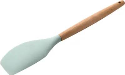 Produktbild von 1-teiliges mintgrünes Silikon-Kochbesteck-Set, antihaftbeschichtet, bestehend aus Spatel, Schaufel und Holzgriff, inklusive 1 Schaber.