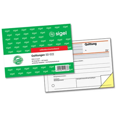 Produktbild von SIGEL SD022 Quittungen, einfaches Satzbild, 1. und 2. Blatt bedruckt, mit Sicherheitsdruck, A6 q, selbstdurchschreibend, 2 x 40 Blatt