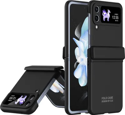 A black flip phone case is shown in an open and closed position against a white background.
