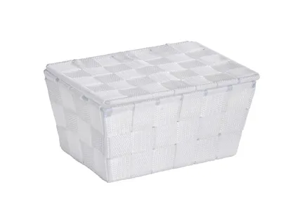 A white woven storage basket with a lid, shown from a slightly elevated side angle on a white background.