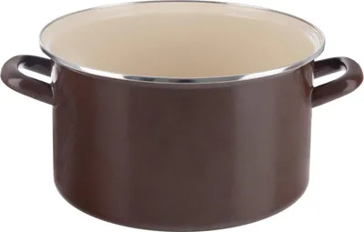 A brown enamel pot with two handles.