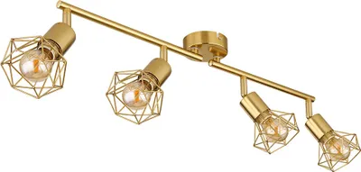 A gold-colored ceiling light fixture with four adjustable spotlights, each featuring a geometric wire cage design around the bulb.