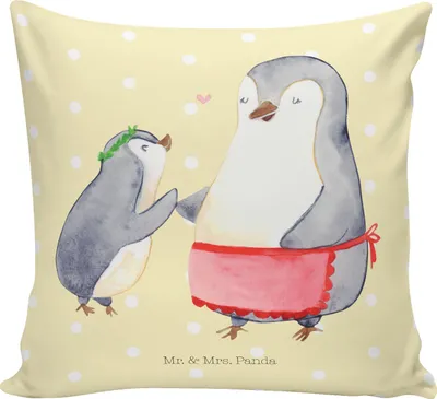 Produktbild von Mr. & Mrs. Panda Kissen 40x40 Pinguin mit Kind - Gelb Pastell - Geschenk, Mutti, Sofa, Couchkissen, Lounge, Bedrucktes, Mutter, Vorbild Mama, Muttertag, Polster, Deko