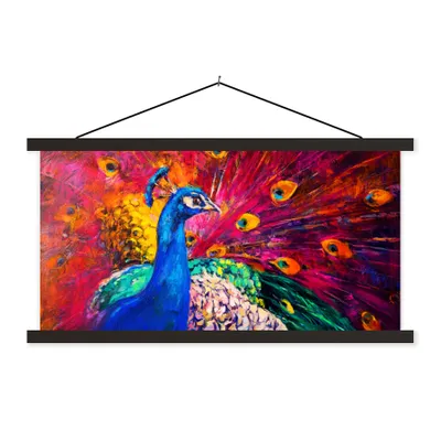 Produktbild von MuchoWow® Textilposter Gemälde - Vogel - Pfau - Ölgemälde 150x75 cm mit schwarzem Rahmen - Posterleiste