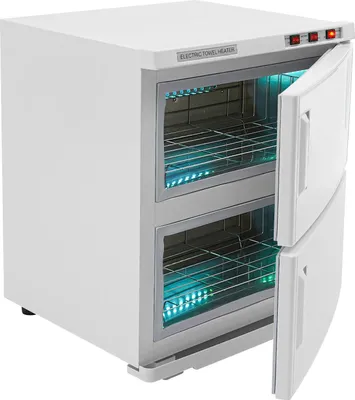 Zdjęcie produktu dla Podgrzewacz do ręczników z funkcją sterylizacji UV – szafka – pojemność 50 l – 2 poziomy – 412 W – 70°C ±10°C – 45×39×52 cm