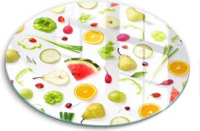 Zdjęcie produktu dla Szklana deska do krojenia - Deska kuchenna - ⌀40 cm – Szkło hartowane – Antypoślizgowa - Wzór Owoce I Warzywa