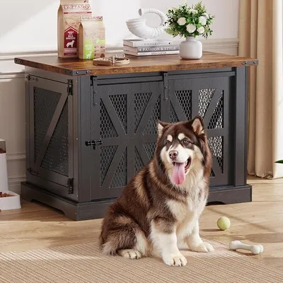 Produktbild von Hundekäfig Möbel, 100 cm Holzhundebox, Dreitüriger Hundekäfig, Schiebetüren, Modernes Hundezimmer für den Innenbereich, für Kleine und Mittelgroße Hunde, Verstärkte Konstruktion, 100x65x67cm, Schwarz