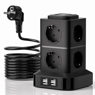 Image de Multiprise tour - Multiprise verticale - 8 prises - 4 ports USB-A - Câble 3 m - Pour bureau et maison