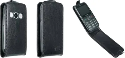Three views of a black leather flip case for a mobile phone.