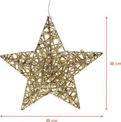 Image de Étoile lumineuse 30 cm avec ruban doré blanc chaud et minuterie - 20 LED - Lampe de Noël à suspendre à piles