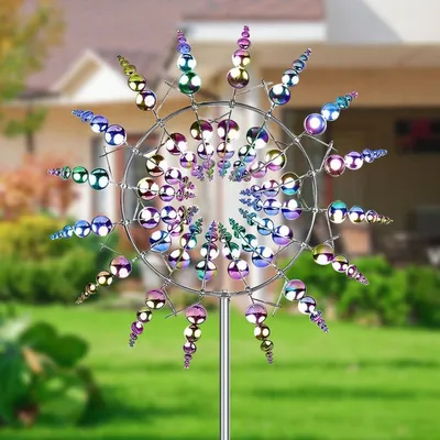 Produktbild von Windspiel Garten Metall 3D Windmühle mit Erdspieß farbig