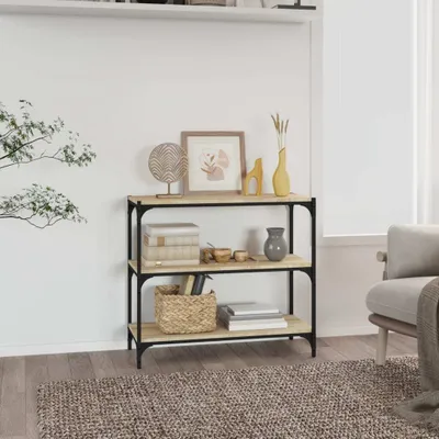 A bookshelf with decorative items and books in a room setting.
