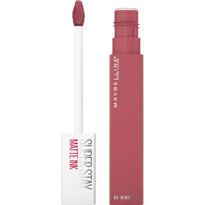 A Maybelline SuperStay Matte Ink Liquid Lipstick is shown with its applicator wand extended.