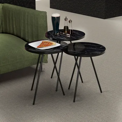 Produktbild von Satztisch ’Ølgod’ 3er Set rund Marmor-Optik Schwarz