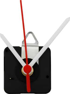 A close-up shot of a quartz clock movement with hands attached, set against a white background.
