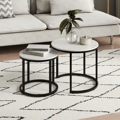 Image de Table basse set de 2 en bois, Table de salon Moderne, Ronde en blanc, pour le salon