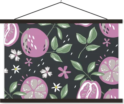 Produktbild von MuchoWow® Textilposter Sommer - Blumen - Obst - Schwarz 90x60 cm mit schwarzem Rahmen - Aufhängungssatz