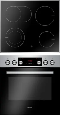 A black induction hob and a black oven are shown stacked vertically against a black background.