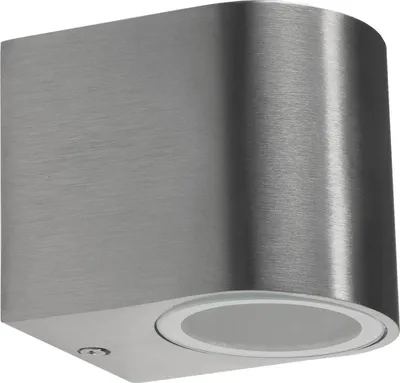 A close-up, studio shot of a modern, brushed stainless steel outdoor wall light.