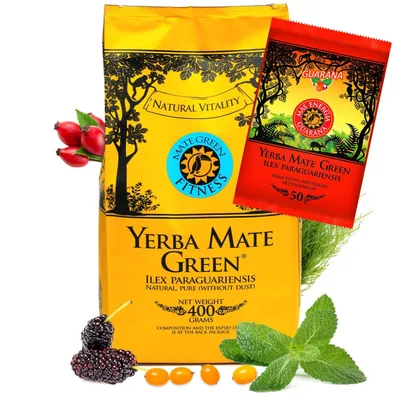 Produktbild von Yerba Mate Tee Mate Green FITNESS 400g und Yebra Mate mit Guarana 50g - luftgetrocknet, Süß und Erfrischend Yerba Mate Tee - loose leaf 450g, vegan