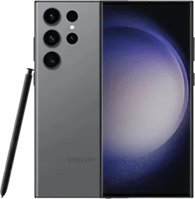 A Samsung Galaxy S23 Ultra smartphone with its stylus, shown from the back and side.