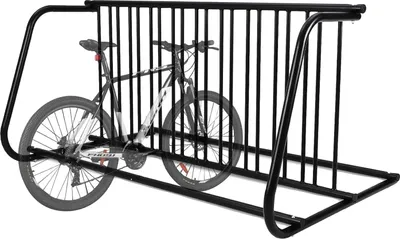 Image de Support pour vélos au sol, capacité de 10 vélos, dimensions 155 cm de longueur x 68 cm de largeur x 75 cm de hauteur, design réversible, matériau en acier allié durable, installation facile avec accessoires inclus