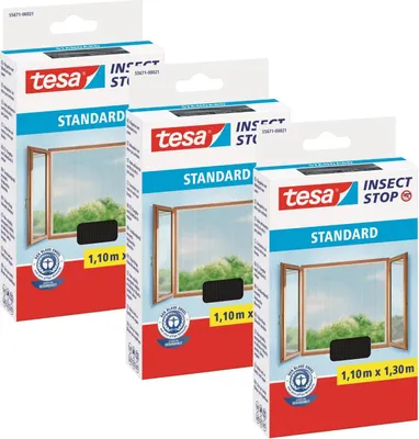 Image de TESA STANDARD Filet anti-moustique pour fenêtres Filet pour fenêtres 1,1mx1,3m noir x3