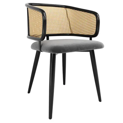 Image de 6 chaises de salle à manger, chaises avec dossier en rotin, coussins de siège en velours, confortables et respirantes, style moderne et épuré, adaptées aux restaurants, aux salons et aux cafés. Couleur : gris