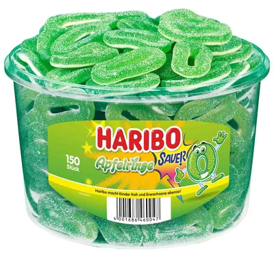 Produktbild von Haribo Saure Apfelringe, Gummibärchen, 1,2 kg, Apfel, Mehrfarbig, 1482 kJ, 349 kcal