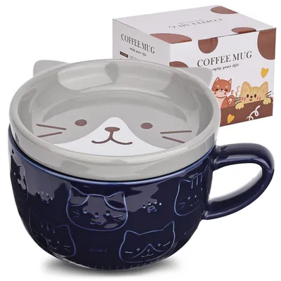Produktbild von Keramiktasse mit Deckel Katze Blau Kaffee Teetasse Geschenk