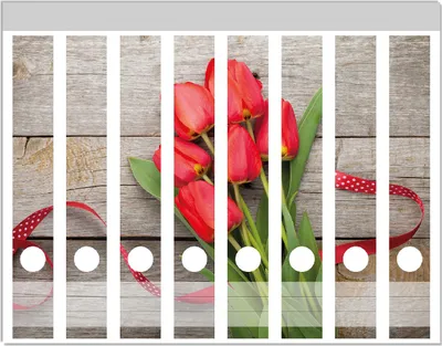 Produktbild von Wallario Ordnerrücken Sticker, selbstklebend für schmale Ordner, 8 Stück, Motiv Rote Tulpen auf einem alten Holztisch