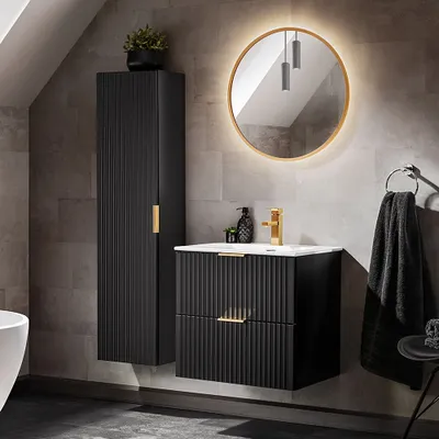 Produktbild von Badezimmer Möbel Set, 60cm Waschtisch mit Keramik Waschbecken, matt schwarz mit gerillter Front, ADELAIDE-56-BLACK, B/H/T ca. 110/200/46 cm