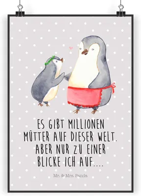 Produktbild von Mr. & Mrs. Panda Poster Pinguin mit Kind DIN A4 - Grau Pastell - Geschenk, Mama, Muttertag, Kunstdruck, Deko Bild, drucke, Wanddekoration, Vorbild, Wandbild, Familie