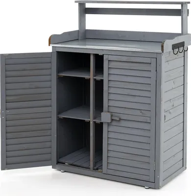 Produktbild von COSTWAY Pflanztisch mit Unterschrank, Arbeitsplatte & abnehmbaren Regalen, Arbeitstisch wetterfest outdoor, Blumentisch 87x45x120cm Grau